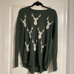 Show Me Your MUMU Holiday Reindeer Green Waffle Long Sleeve